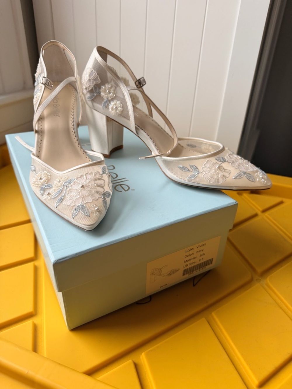 Ivory Embroidered Satin Block-Heel Dress Pumps with Ankle Strap